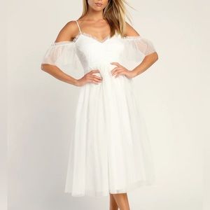 Lulus Always an Angel White Tulle Cold Shoulder Midi Bridal Wedding Dress